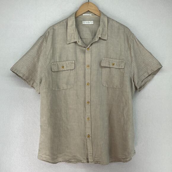 LUCKY BRAND Shirt Mens 2XL Striped Short Sleeve Classic Utility Button Up Beige - Picture 2 of 12